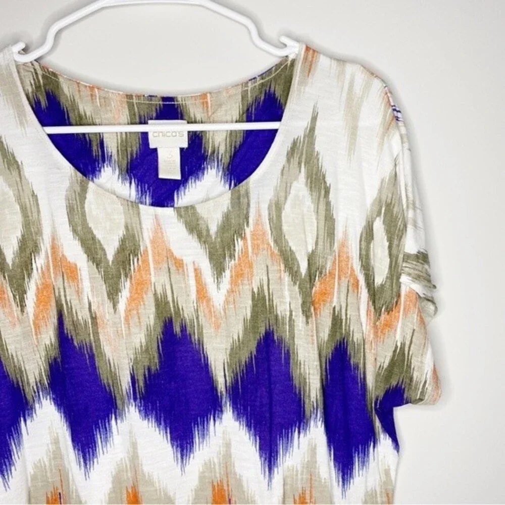 Chicos Aztec Ruched Sides Stretch Boho Soft Blouse Shirt Size 2 (L)